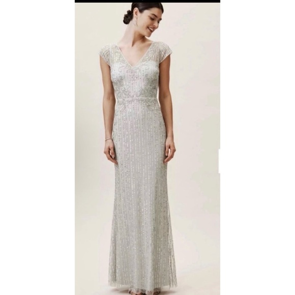 BHLDN Calais Beaded Column Gown In Morning Mist Blue
